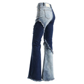 Asymmetric Spliced Two Tone Raw Trim High Waist Flared Jeans